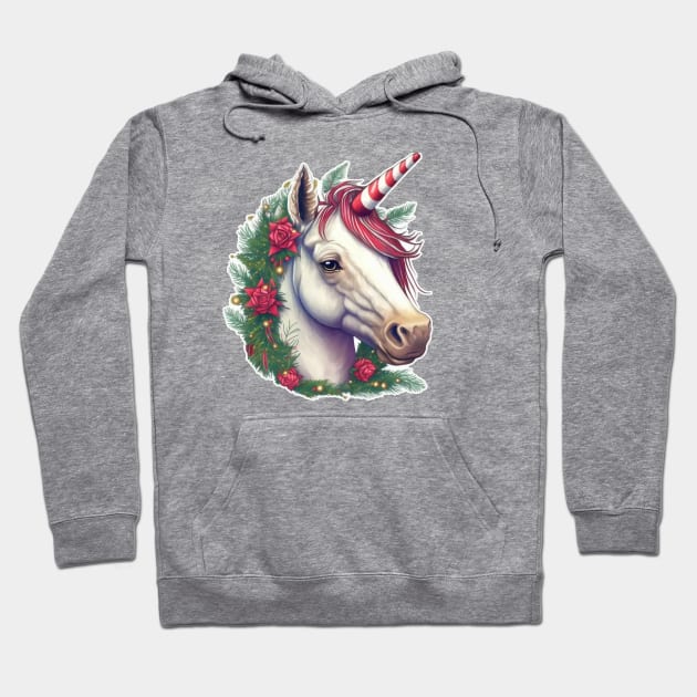 Christmas Unicorn Wreath Candy Cane Horn Hoodie by MythicPrompts